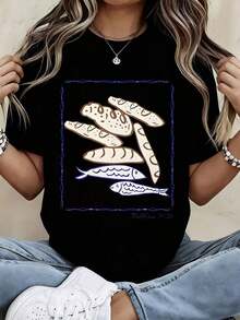 1 Piece Women's Casual Loose Fit White Short Sleeve Round Neck T-Shirt With Bread And Fish Print Design, Bible Verse Matthew 14:23, 180g 100% Cotton - 黑色 - 查看 12