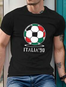 Camiseta de manga corta para hombre con estampado gráfico de cuello redondo, Camiseta ITALIA 90 estampada, Camisetas para hombre, Camiseta casual de manga corta para verano, Camisetas para hombre con estampados adecuados para uso diario, para entusiastas del fútbol, actividades al aire libre, ocasiones casuales y festivas. - Negro - Ver 1