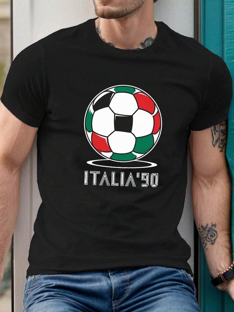 Camiseta de manga corta para hombre con estampado gráfico de cuello redondo, Camiseta ITALIA 90 estampada, Camisetas para hombre, Camiseta casual de manga corta para verano, Camisetas para hombre con estampados adecuados para uso diario, para entusiastas del fútbol, actividades al aire libre, ocasiones casuales y festivas. - Negro - Ver 1