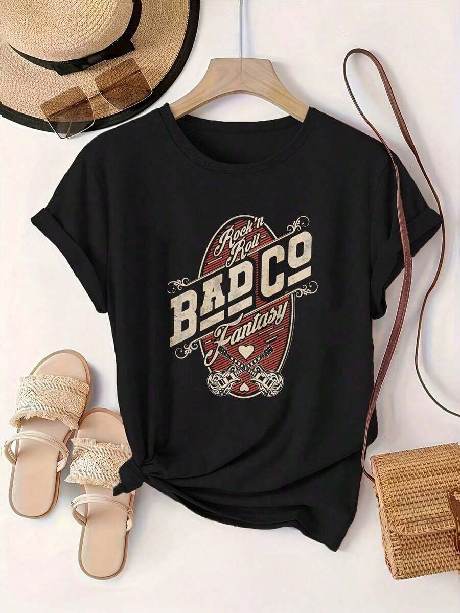 Women's Plus Size Cotton Crew Neck Graphic Print T-Shirt, White Options, Rock N Roll Co Fantasy Style, Casual Wear, Loose Short Sleeve Tops For Spring, Fashionable Basic Summer T-Shirts, Clothing Gift For Women - 黑色 - 查看 1