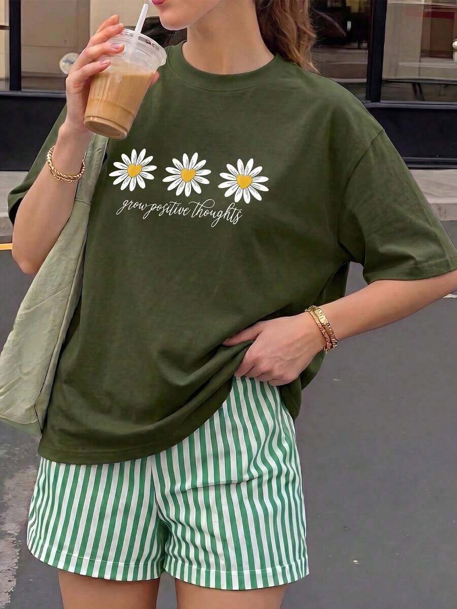 Camiseta de mujer estampada de manga corta para verano, tela de poliéster, estilo multifuncional, corte regular, peso 180 gramos, 1 unidad. - Verde militar - Ver 1