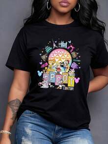 Colorful Print Celebrating Global Cultural Diversity With Country Symbols, Iconic Buildings, And Cheerful Figures Evoking Unity And Fantasy. Comfortable And Modern Women's T-Shirt For Everyday Wear, Casual Short Sleeves. - 黑色 - 查看 1