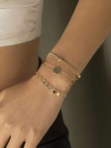 3 PiecesGold Round Pendant Bracelet Set With Sequin Tassel Decoration, Metal Disc Bracelet, Minimalist Style, Adjustable Size, Suitable For Daily Wear, Commuting And As A Versatile Gift For Girlfriend, Family, Friends - Bracelet - View 11