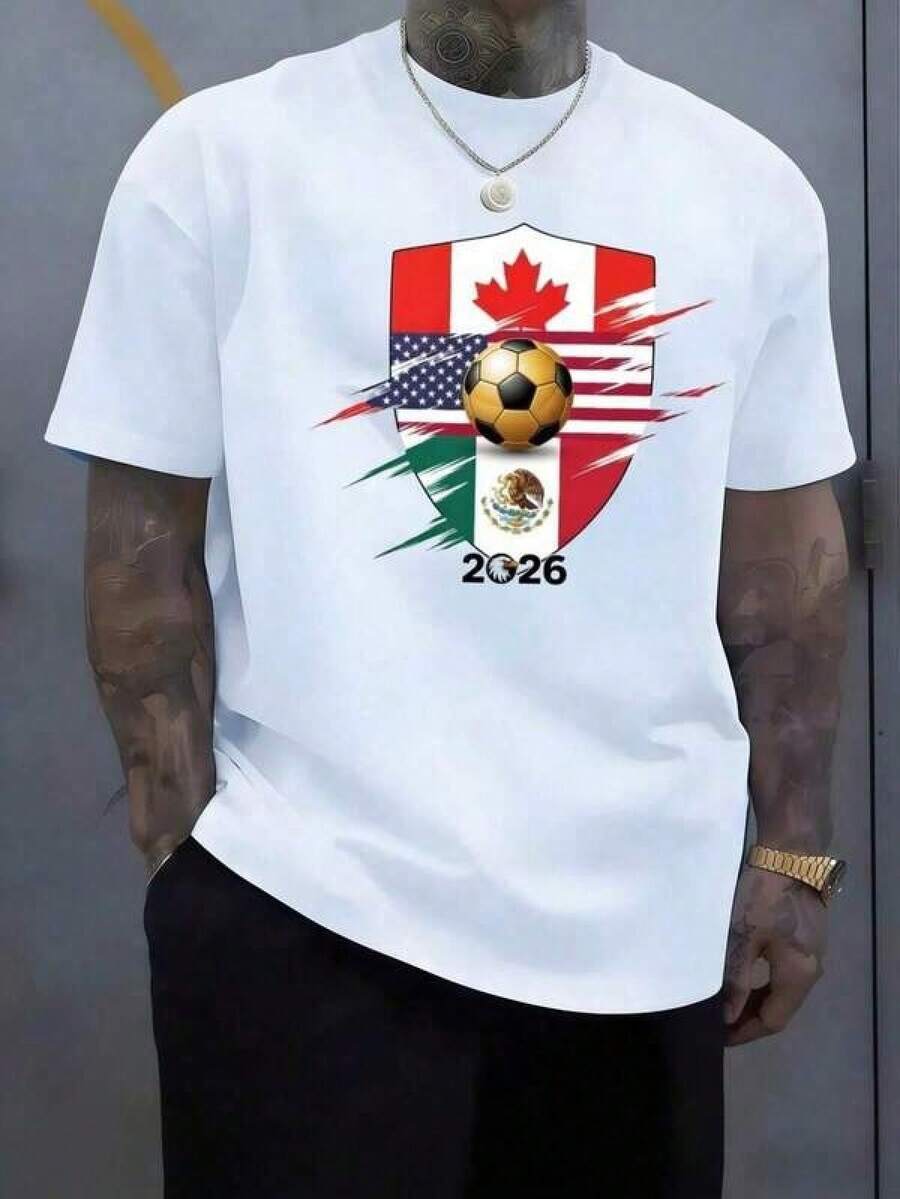 Playera de Hombre con Gráfico de Fútbol de la Copa Mundial y Águila Mexicana, Cuello Redondo Casual de Manga Corta con Diseño de MÉXICO, Ropa Urbana Deportiva Ajustada - Negro - Ver 1