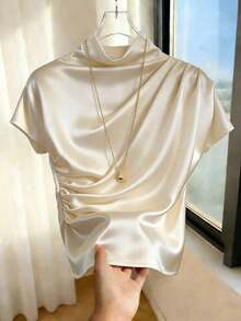 Camiseta blanca de manga corta ajustada con pliegues de unicolor y versátil para mujer - Albaricoque - Ver 3