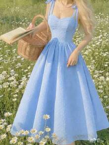 Vestido de verano de mujer con tirantes anudados y estampado floral romántico - Azul 2 - Ver 7