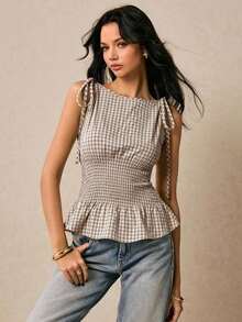 Blusa de cuadros verdes con cuello redondo, cintura con lazo y volantes en el bajo, hombros con lazo, para verano, tops de mujer, tops de verano, tops de concierto, tops de playa, tops con volantes, tops con lazo delantero, tops bohemios, tops de - Caqui - Ver 2