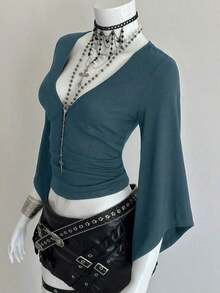 Camiseta ajustada con cuello en V profundo y mangas acampanadas sexy - Agua verde azul - Ver 8