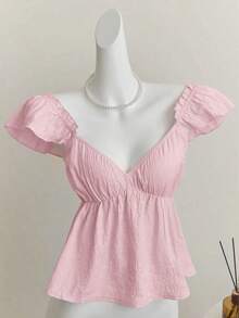Top corto de camisola con escote bajo y espalda descubierta, con manga tipo gorra y volantes en azul, diseño sexy - Rosa - Ver 5