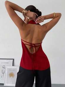 negra ajustada de estilo casual y elegante para la temporada de primavera/verano, con cuello asimétrico, sin mangas, escote halter, espalda descubierta y decoración de lazo - Burdeos 2 - Ver 2