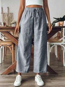 Pantalones sueltos holgados de mujer con estampado de rayas, cintura con cordón y bolsillos, versátiles - Azul marino - Ver 3