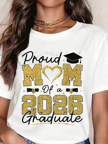 Women's Graffiti T-Shirt "Proud Mom Of A 2026 Graduate", Casual, Crew Neck, Short Sleeve, Perfect As A Birthday Gift, Suitable For All Seasons, For Everyday Outdoor Wear. Fashionable Summer Cotton T-Shirt - 白色 - 查看 10