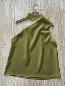 1 pieza Blusa elegante sin mangas de satén de unicolor con volantes asimétricos/asimétricos, adecuada para verano, vacaciones, oficina, hogar, uso diario, fiesta de cumpleaños, eventos formales y casuales - Verde militar - Ver 5