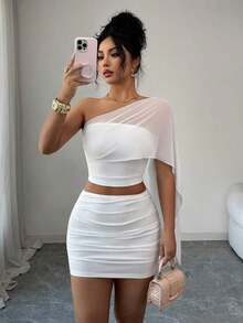 Conjunto de 2 piezas de falda mini ajustado fruncida en la cintura y top corto bandeau, de malla transparente y sexy para el verano - Blanco - Ver 4