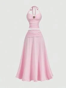 Set de 2 piezas de top halter y minifalda de jacquard para mujer, conjunto de falda y top blanco, ropa de otoño para mujer, atuendo para fiesta, boda, salida, conjunto elegante de mujer, conjunto chic de mujer, ropa de campo para mujer - Rosa Pálido - Ver 1