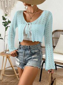 Cárdigan de punto calado de color liso casual para vacaciones - Azul - Ver 5