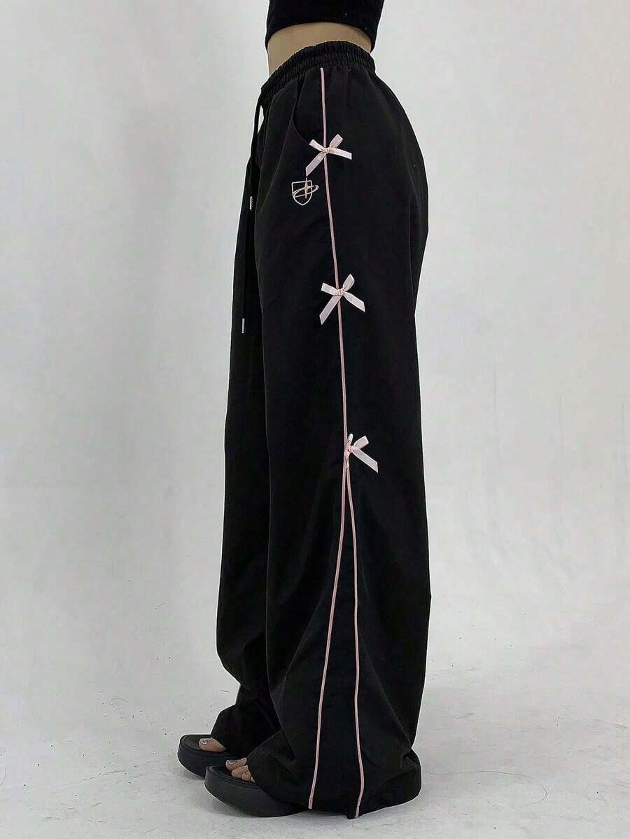 Pantalones casuales de pierna ancha con cordón en contraste y ribeteamionto - Negro 3 - Ver 1