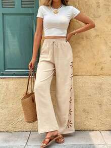 Frenchy Pantalones anchos de pierna ancha con cordón en la cintura, de unicolor y con corte láser, estilo casual de vacaciones para mujer - Caqui - Ver 4
