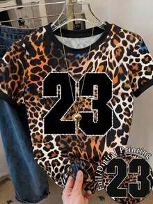 Camiseta de mujer de manga corta con cuello redondo, estampado de leopardo y gráfico numérico - Multicolor 3 - Ver 5