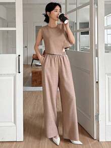 Set de 2 piezas de camisa y pantalones de pierna ancha de unicolor para mujer, conjuntos de ropa de descanso para mujer - Caqui - Ver 7