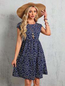 Vestido midi azul de manga corta y manga murciélago con estampado floral para mujer, vestidos de verano para mujeres - Azul marino - Ver 4