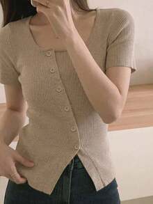 Blusa casual de mujer de punto acanalado con botones y manga corta - Marrón Mocha - Ver 2