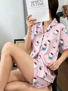 Sanrio Hello Kitty 2026 Kate Kitty 絲綢睡衣套裝，短袖前開鈕扣領口蝴蝶結卡通可愛款，前鈕扣口袋對比滾邊 - 粉色 - 查看 4