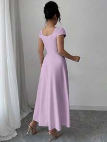 Vestido elegante de manga raglán y cuello cuadrado con detalle cruzado en el busto, de unicolor para mujeres - Púrpura malva - Ver 2