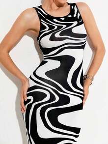 Vestido largo de mujer de vestido de escote con estampado de teñido anudado, vestido de verano largo, vestido largo verde maxi para outfit de mujer - Blanco y Negro - Ver 7