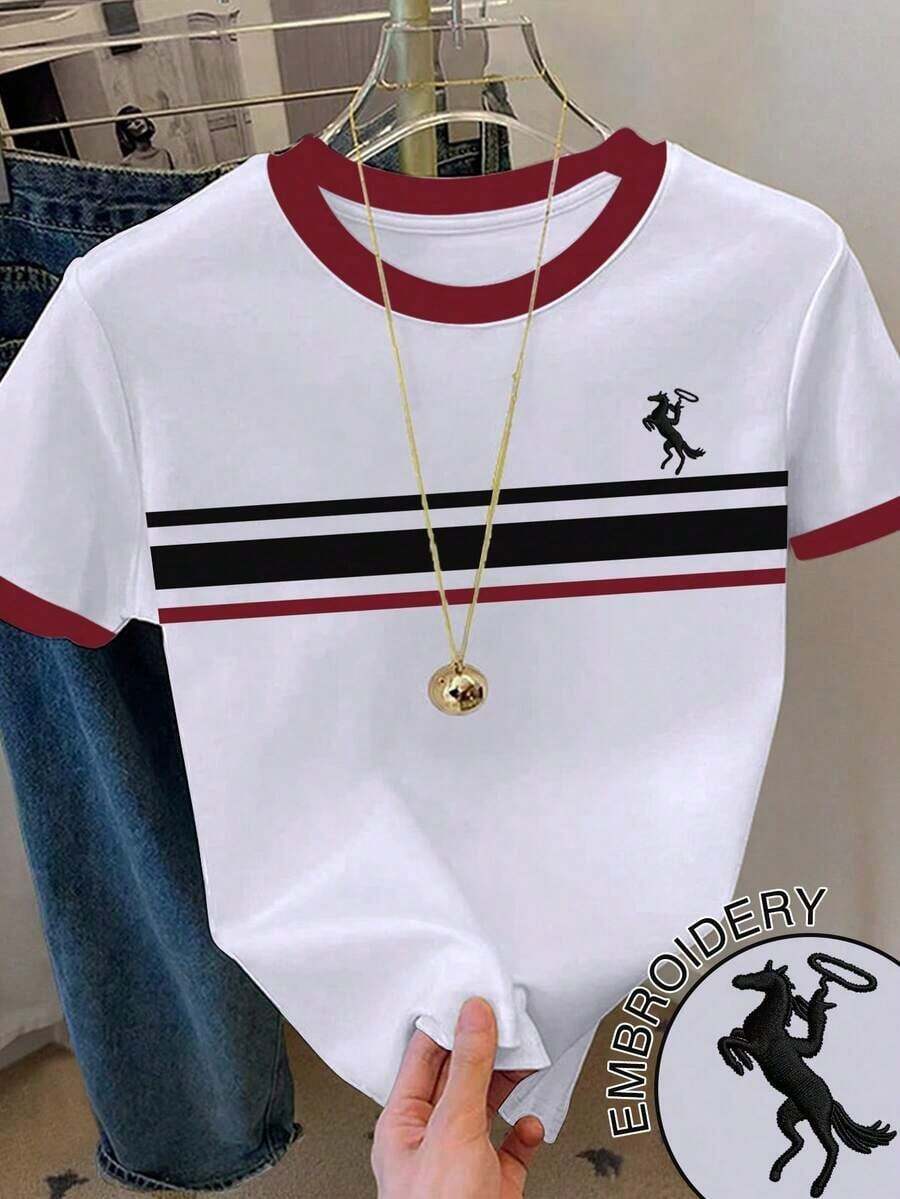 RCamiseta casual de mujer de cuello redondo con estampado gráfico de rayas y bloques de color - Blanco 7 - Ver 1