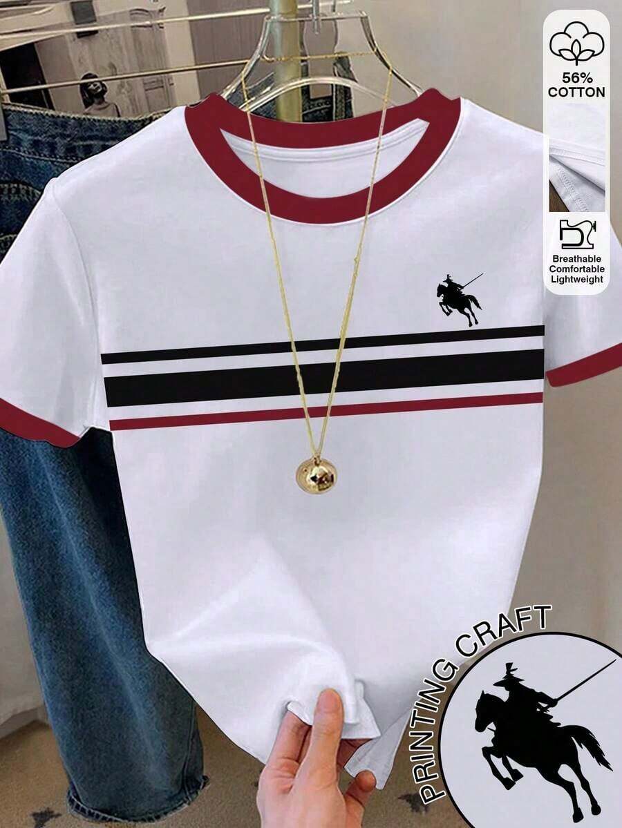 RCamiseta casual de mujer de cuello redondo con estampado gráfico de rayas y bloques de color - Blanco 9 - Ver 1