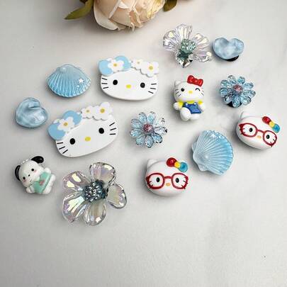 SANRIO Lindos encantos de zapato de resina con diseño de Hello Kitty y estilo oceánico, decoraciones de zapato desmontables con diseño 3D de concha y flor, accesorios DIY para zapatos con agujeros, zuecos, bolsos y sandalias, hebilla de zapato de estilo azul