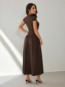 Vestido casual largo plisado de manga abullonada y cuello alto en unicolor para mujer, de verano - Marrón - Ver 2