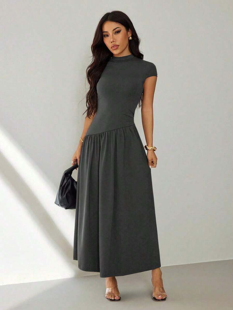 Vestido casual largo plisado de manga abullonada y cuello alto en unicolor para mujer, de verano - Gris - Ver 1