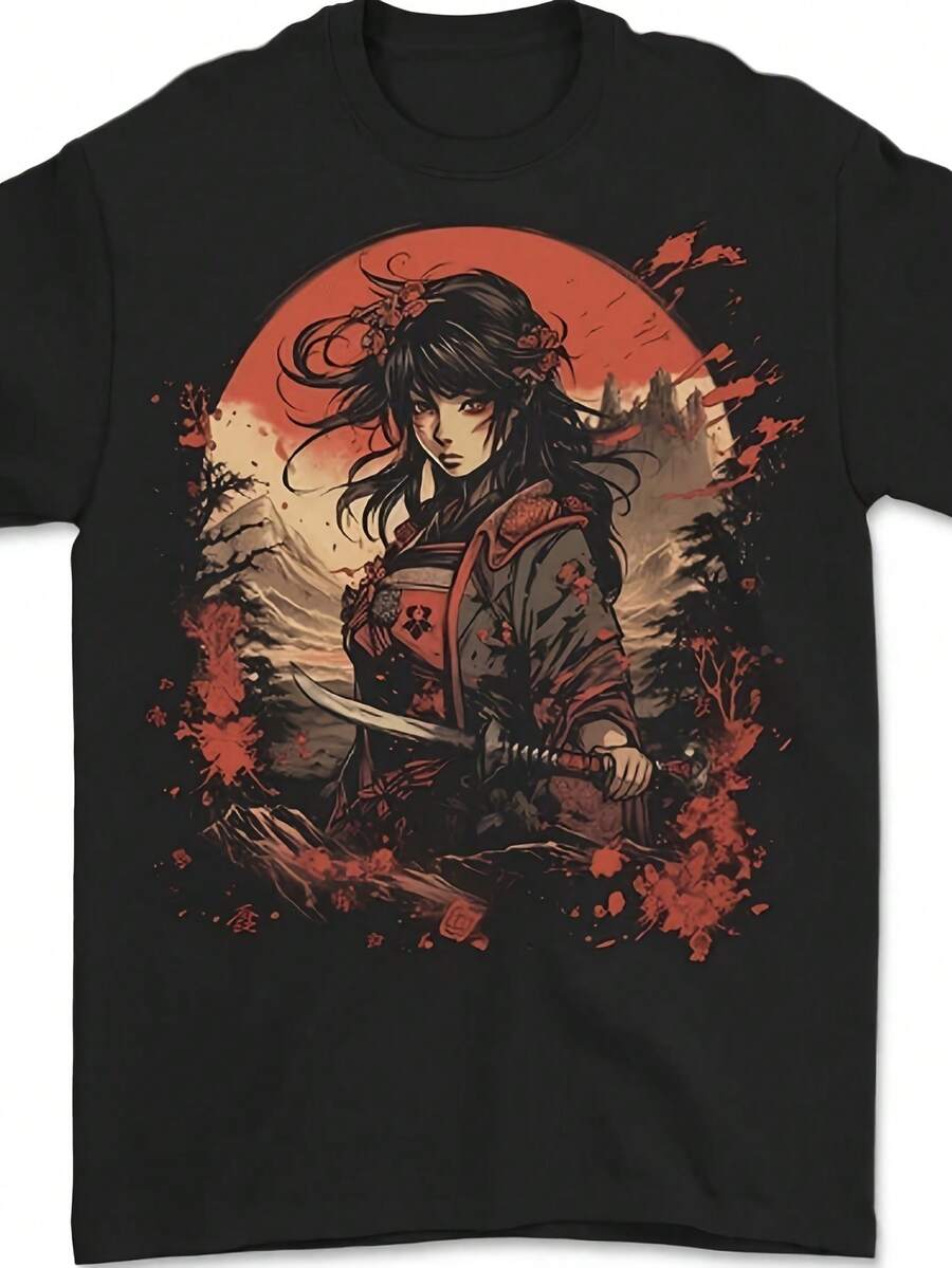 Camiseta Unisex de Anime con Diseño de Samurái y Guerrera de Fantasía, Verano 2026, Manga Corta, Estampada, 180g - Negro - Ver 1