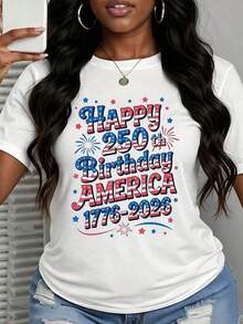 Happy 250th Anniversary Of America's Independence 1776-2026, Women's Independence Day Patriotic T-Shirt, White Graphic Tee, Celebration Tee With US Flag Design - 白色 - 查看 2
