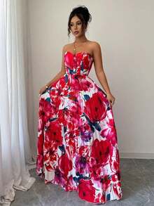 Vestido con estampado de lunares, plisado y recogido en la cintura, sin tirantes - Rojo - Ver 7