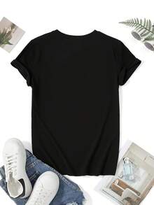 French SOPHIE LA FEMME The Queen LA LEGEND Women's Round Neck T-Shirt, Exclusive Creative Individual Design With French Queen Style Letter Print, Suitable For Spring Summer Autumn, Casual Style, Comfortable Fit, Fashion Design, Versatile For Everyday Wear - 黑色 - 查看 2