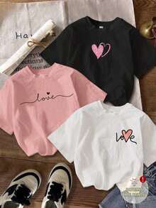 Set Of 3 Women's Slim-Fit, Round-Neck, Short-Sleeved T-Shirts With A Minimalist And Casual Heart Print - Pure-Cotton - 白色 - 查看 1
