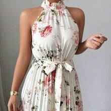 Elenzya Sleeveless Halter Waist A-Line Floral Print Elegant Romantic Dress For Women - Multicolor - Ver 6