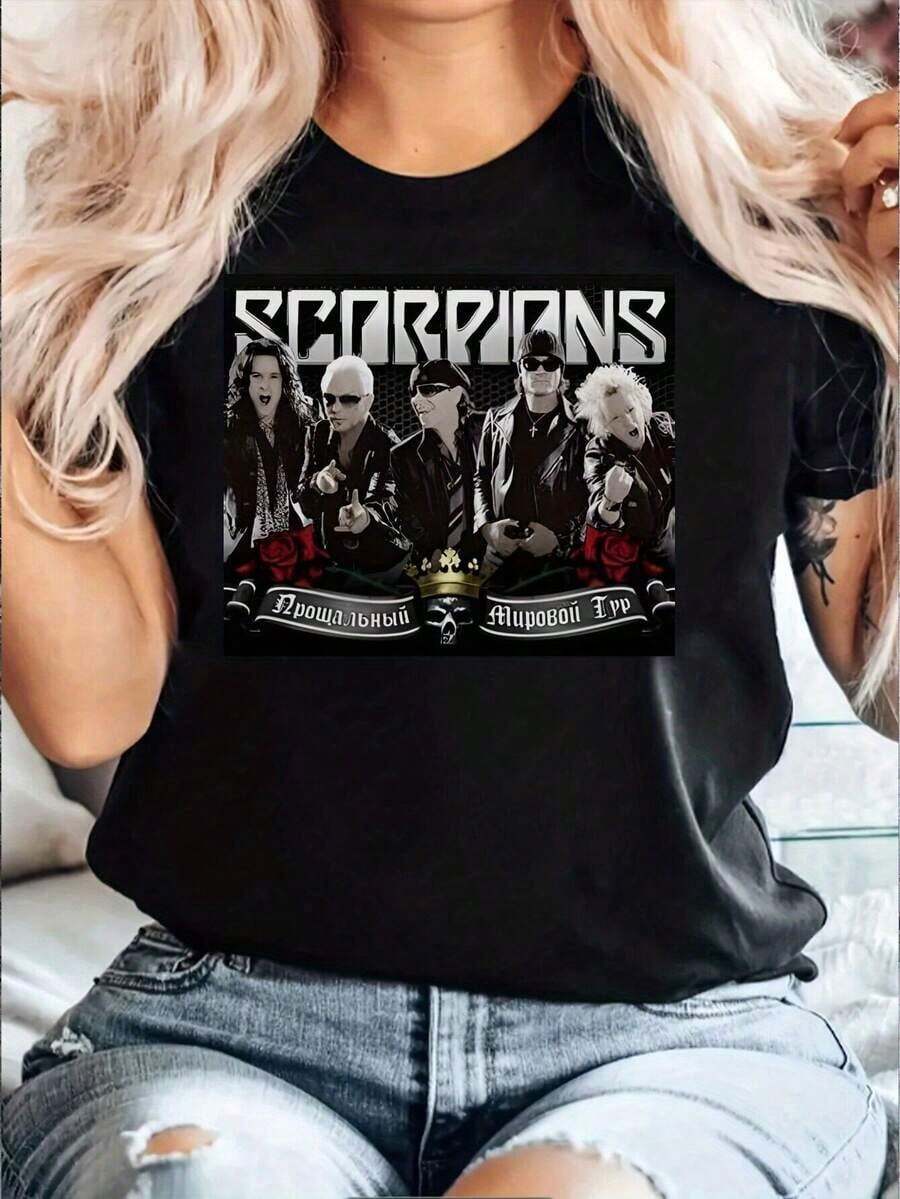 Camiseta de mujer moderna, informal, para fiestas y para estar en casa, 100% algodón, corte holgado. Camiseta Gráfica Vintage de Scorpions para Mujer - Manga Corta con Cuello Redondo y Retratos de Miembros de la Banda & Rosas, Ropa Casual para Aficionadas a la Música, Lavable en Máquina, Estilo Atrevido, Camisa Fácil de Cuidar