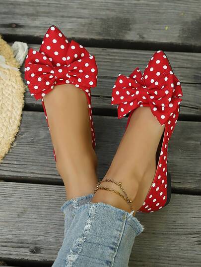 1 Pair Women's Fashion Polka Dot Bow Decor Pointed Toe Flat Shoes, Comfortable Lining Slip-On, Elegant Versatile For Daily Wear And Outings
