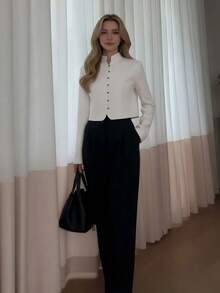 Blusa corta de manga larga con cuello mao y botones, elegante blusa delgada de unicolor, estilo chino moderno para mujer - Blanco - Ver 4