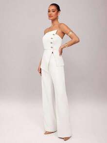 Set de 2 piezas: Top con diseño de aro asimétrico con decoración metálica + Pantalones de pierna recta, Uso elegante diario, Atuendo de oficina, Boda, Vacaciones, Cita, Fiesta, Ceremonia de graduación - Blanco - Ver 4