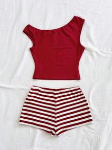 Eduarda Gutierrez  Conjunto de 2 piezas para mujer con top corto de punto a rayas y shorts ajustados de tiro súper bajo, atuendo adecuado para vacaciones, fiestas, Navidad, San Valentín, citas, playa, crucero, carnaval, Pascua, Año Nuevo Chi - Caqui - Ver 2