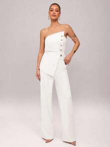 Set de 2 piezas: Top con diseño de aro asimétrico con decoración metálica + Pantalones de pierna recta, Uso elegante diario, Atuendo de oficina, Boda, Vacaciones, Cita, Fiesta, Ceremonia de graduación - Blanco - Ver 6
