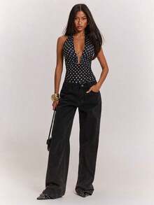 Top halter corto con espalda descubierta y nudo delantero, de tela texturizada y unicolor, para mujer, ideal para vacaciones en la playa - Negro - Ver 7