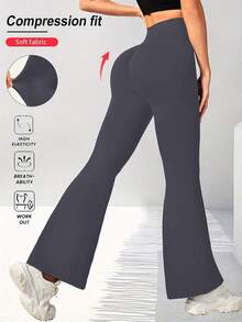 Pantalones acampanados con cintura cruzada para mujer, pantalones deportivos y de yoga de unicolor de poliéster de alta elasticidad, pantalones casuales largos con cintura cruzada, mallas ajustadas de unicolor para entrenamiento, pantalones de pierna ancha de tejido de punto adecuados para fitness y uso casual, negro, primavera - Gris Oscuro - Ver 6