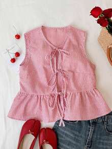 Blusa de rayas y estampado sin mangas para uso diario sencilla, tops sin mangas - Rojo - Ver 7