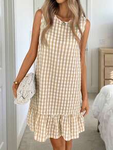 Vestido de verano estilo bohemio con cuello redondo sin mangas y corte evasé a dos colores a cuadros, vestido esencial para vacaciones y uso diario al aire libre - Caqui - Ver 4